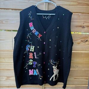 Christmas Sweater Vest XXL Black Colorful Bright Embroidered Merry Christmas